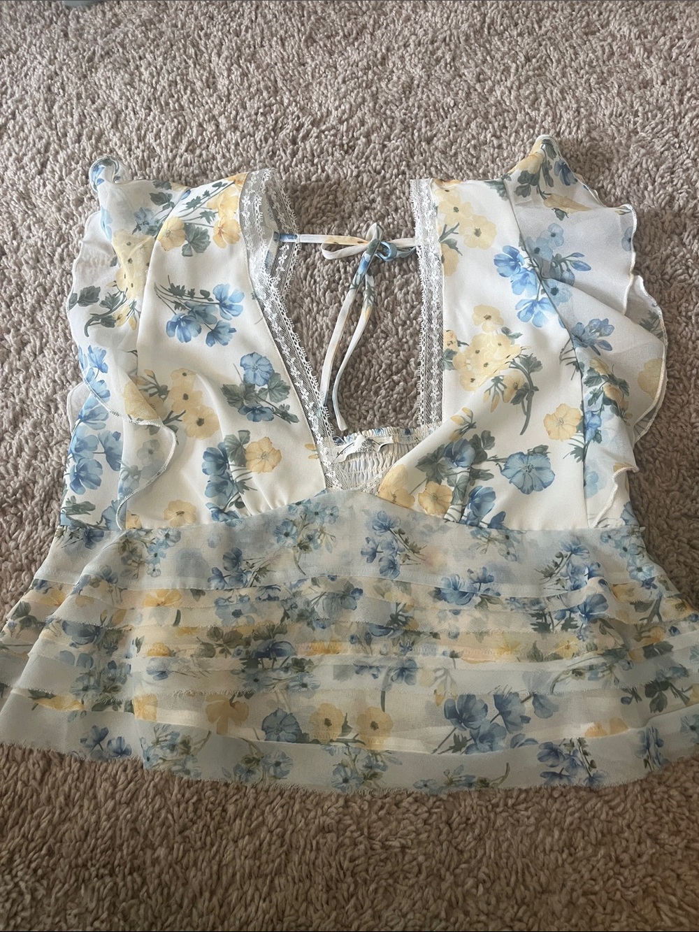 Altar'd State Cream Floral Ruffle V-Neck Top with Blue & Yellow Blooms